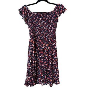 Juniors S Mini Dress Smocked Ruffle Cottagecore Floral Boho Festival Peasant